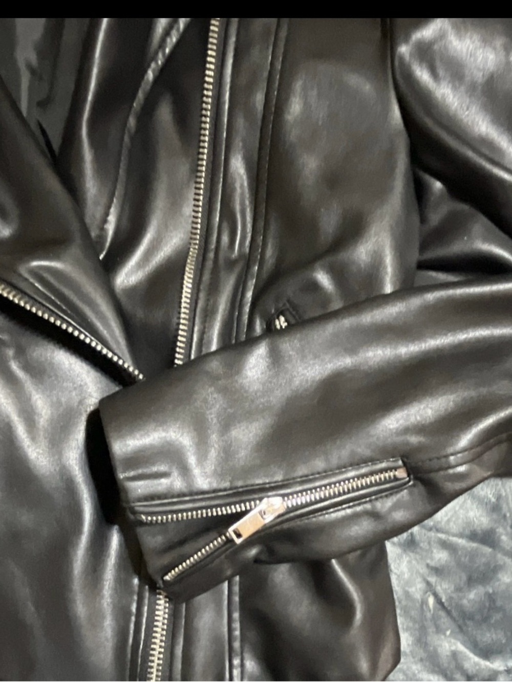 H&M Black Leather Bomber Jacket with Silver Zippers